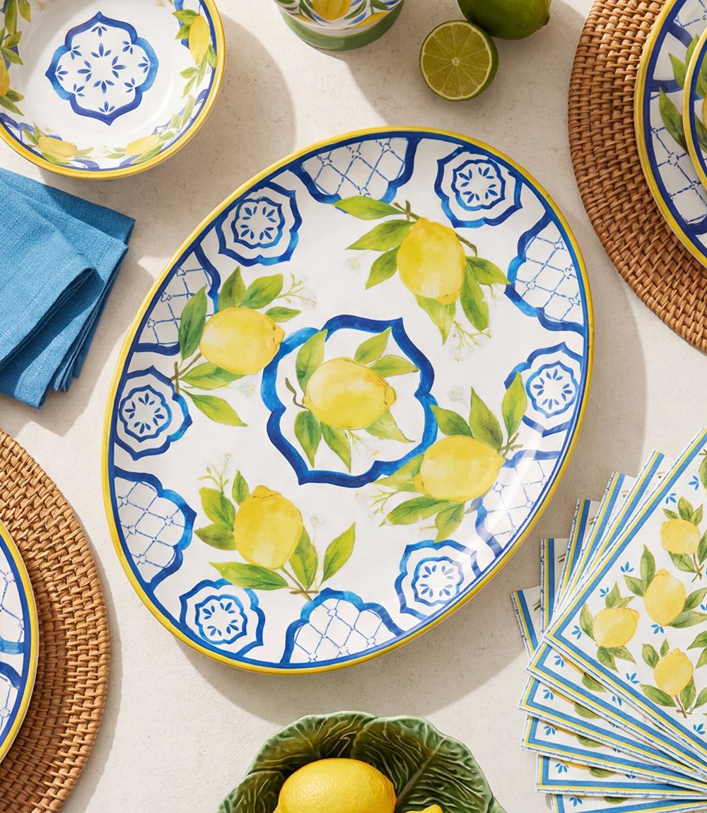 Melamine Capri Serving Platter with lemon and blue tile design, oval shape, durable melamine construction, dishwasher safe, perfect for indoor and outdoor dining