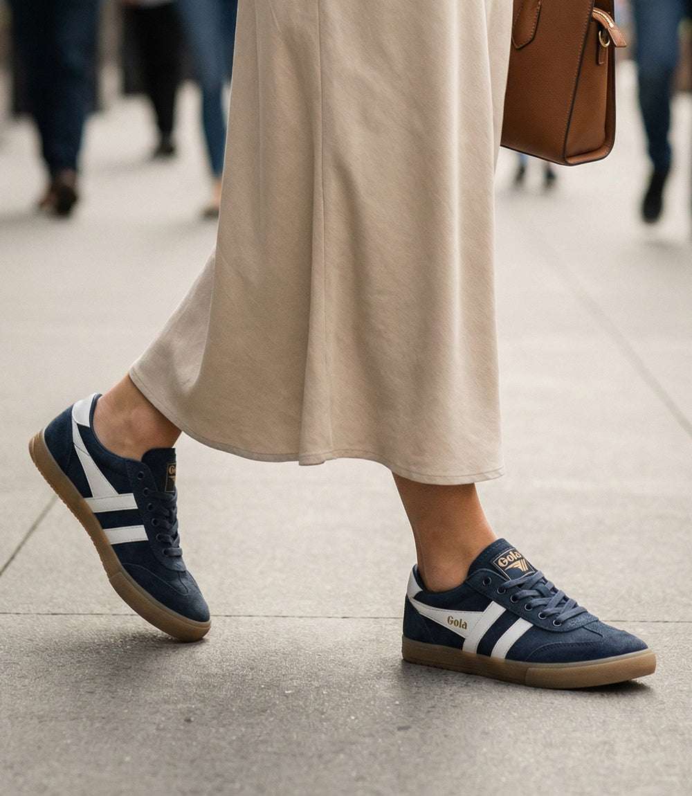 Gola Badminton Suede Plimsoll navy lace-up sneaker with white wingflash and gum sole