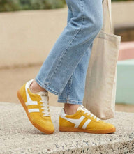 Gola Elan Classic Sneakers in sun yellow and white suede with gum outsole and round toe