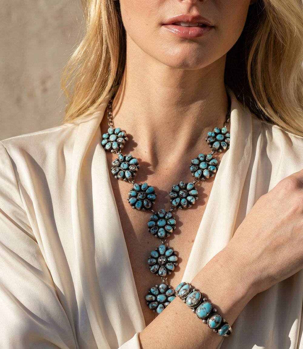 Golden Hill Turquoise cluster lariat necklace and matching stud earrings in sterling silver