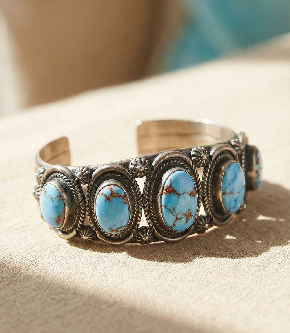 Golden Hill Turquoise cuff bracelet with five turquoise stones and sterling silver sunburst accents