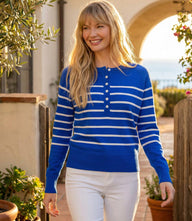 Henley Stripe Sweater with crew neck, front button placket, raglan sleeves, and ribbed cuffs in striped design