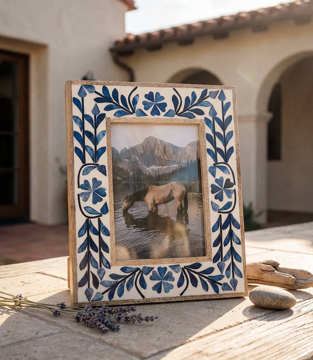 Indigo floral picture frame handcrafted from bone, resin, and mango wood with unique inlay design
