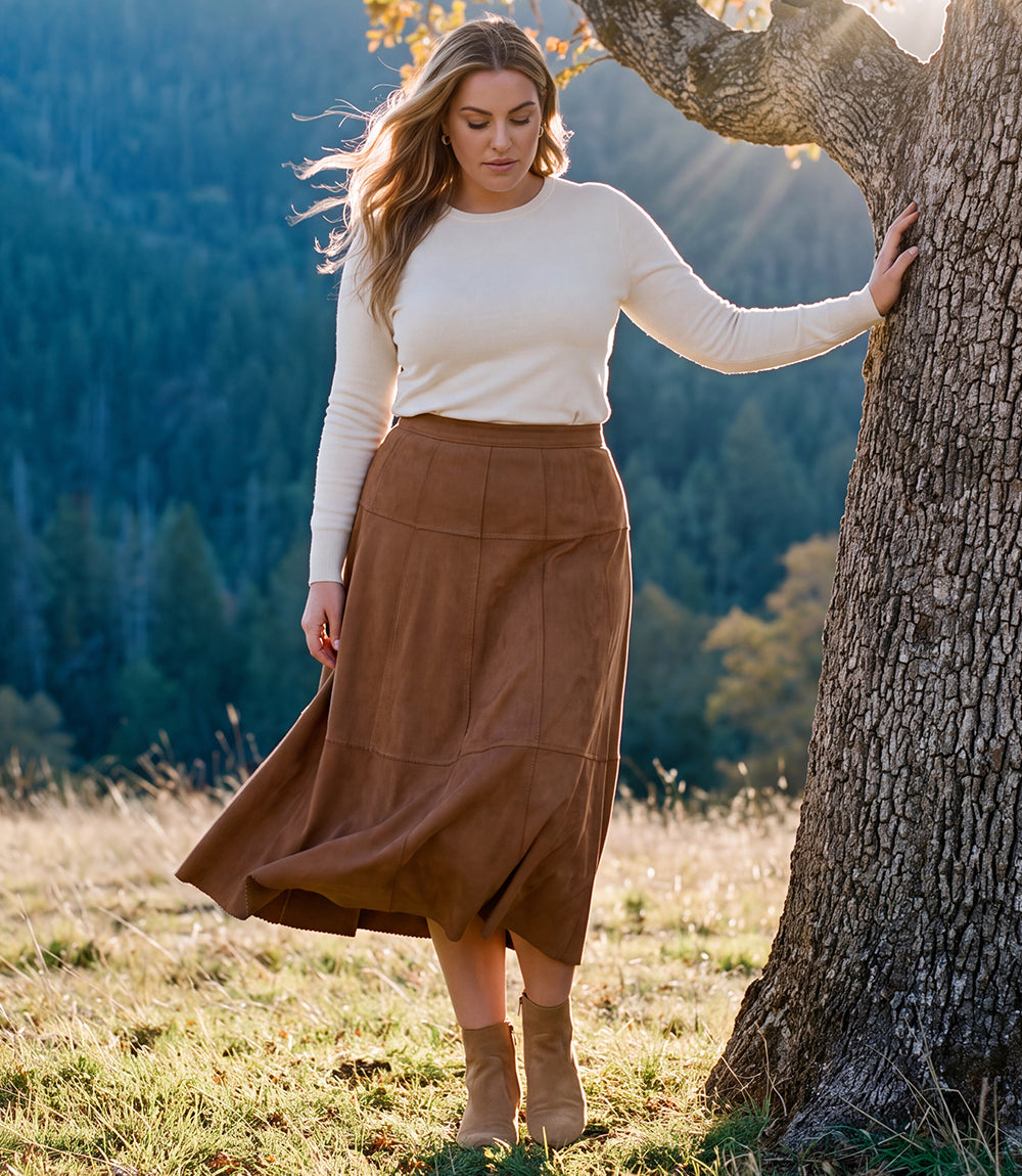 Plus Size Tiered Faux Suede Midi Skirt