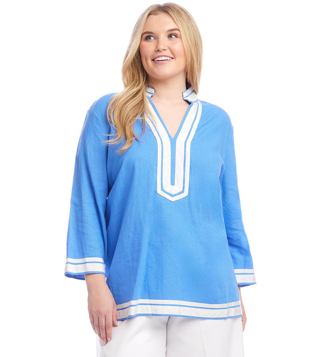Plus size St. Tropez tunic in blue linen blend with white grosgrain ribbon trim and relaxed fit
