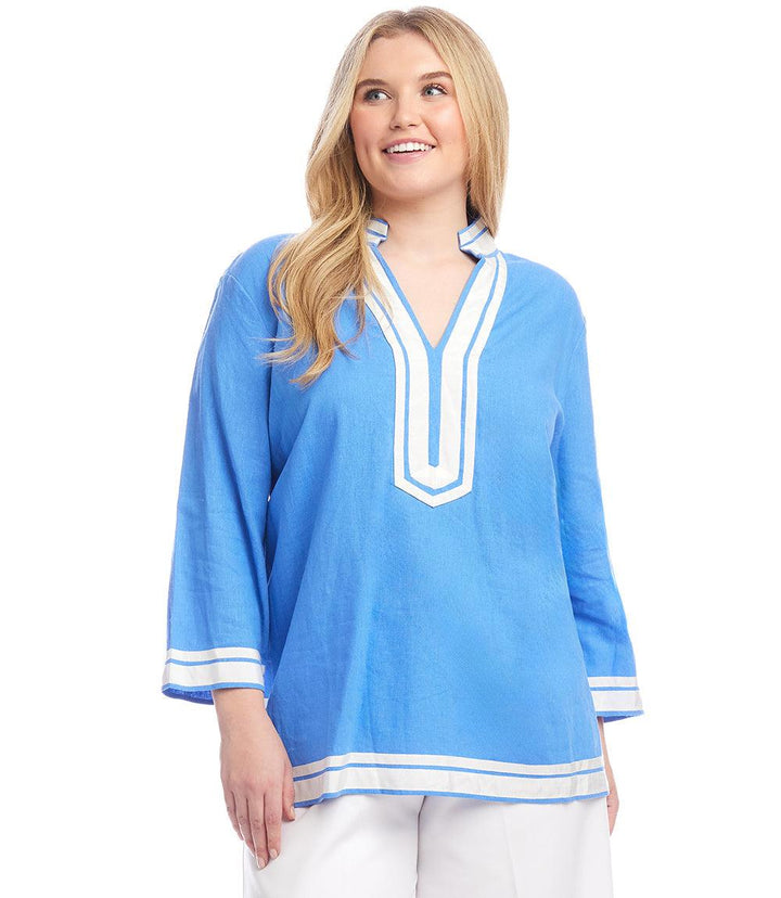 Plus size St. Tropez tunic in blue linen blend with white grosgrain ribbon trim and relaxed fit