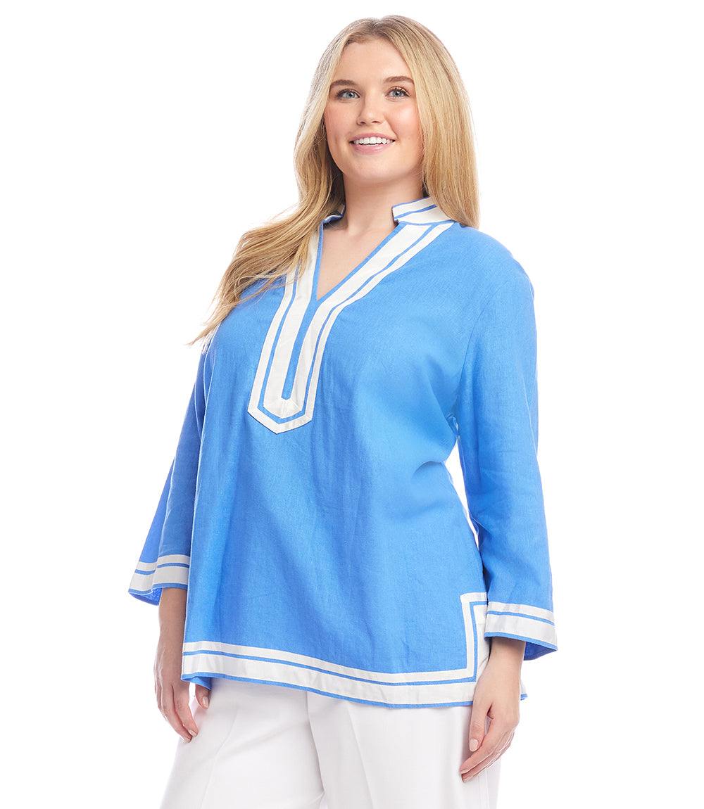 Plus Size The St. Tropez Tunic in blue linen blend with white grosgrain ribbon trim and relaxed fit