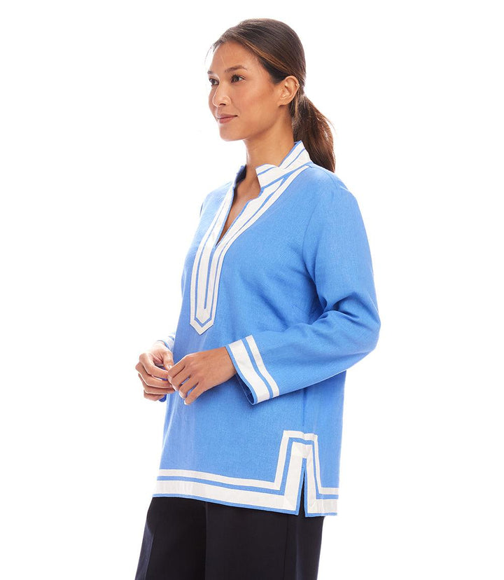 The St. Tropez Tunic in blue with white grosgrain ribbon trim and mandarin collar, relaxed fit linen-viscose blend top