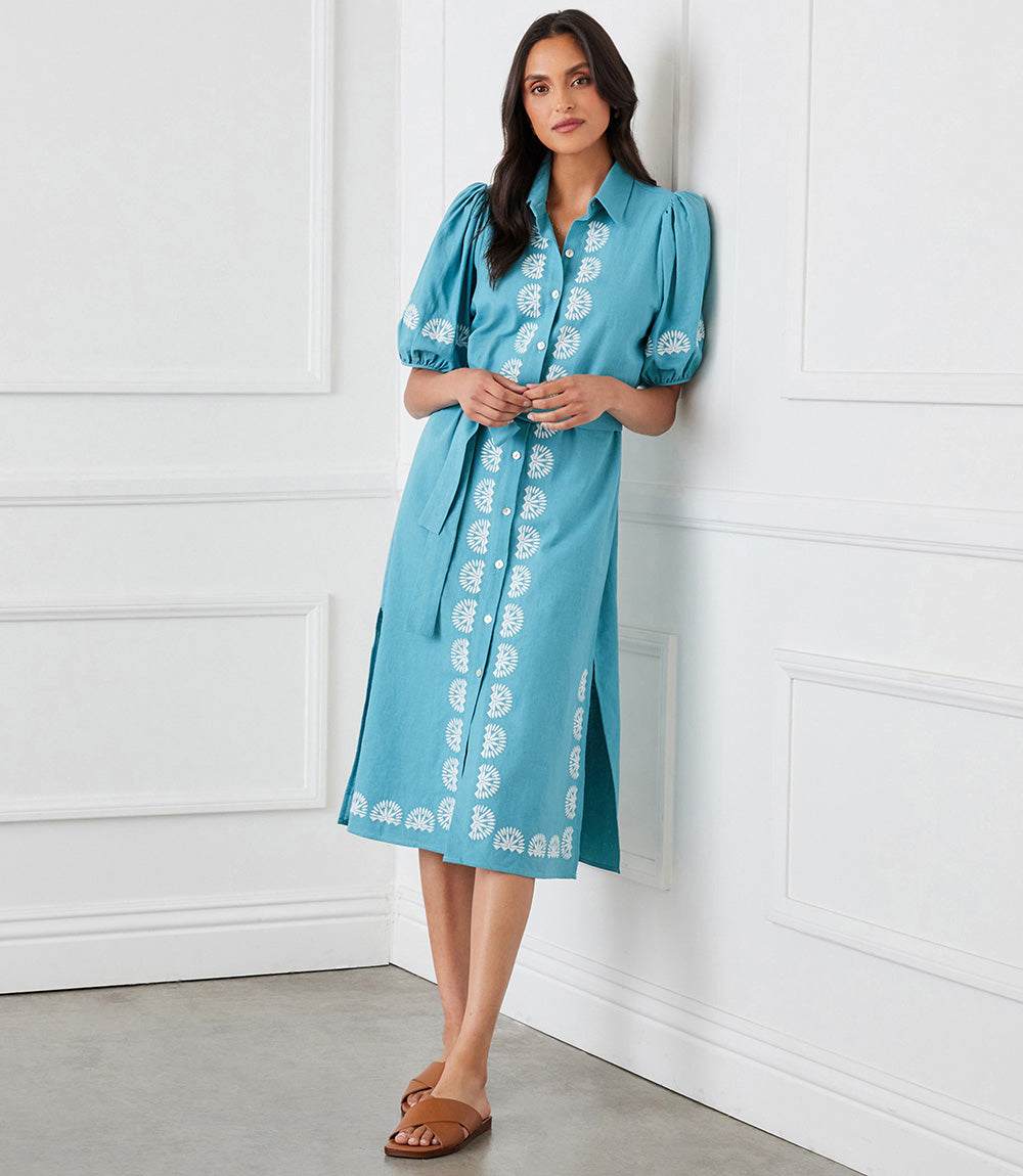 puff sleeve shirt dress Puff Sleeve Embroidered Shirtdress