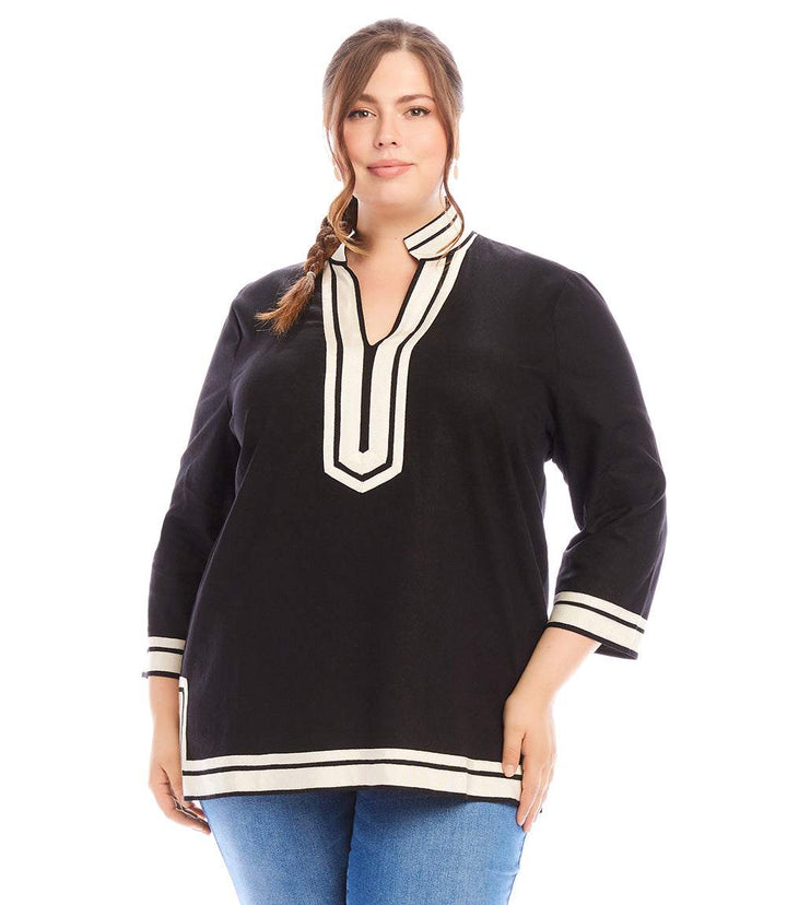 Plus Size The St. Tropez Tunic black linen blend with white grosgrain ribbon trim and mandarin collar on plus size model