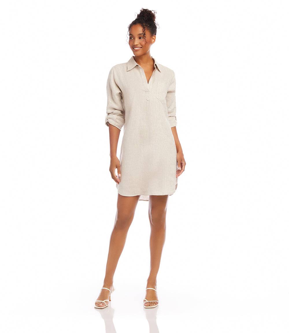 Petite size roll tab linen shirtdress in oatmeal with collar and front pocket, styled with sandals