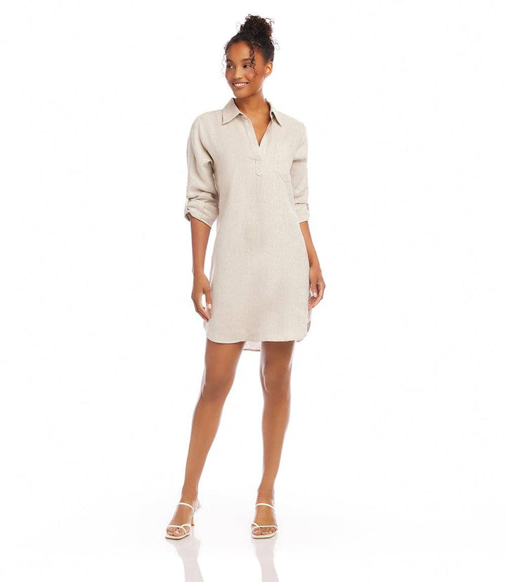 Petite size roll tab linen shirtdress in oatmeal with collar and front pocket, styled with sandals