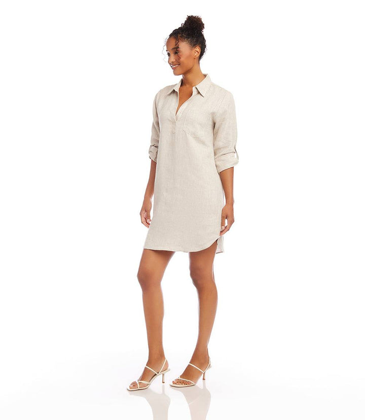 Petite size roll tab linen shirtdress in oatmeal with collared neckline and front patch pocket