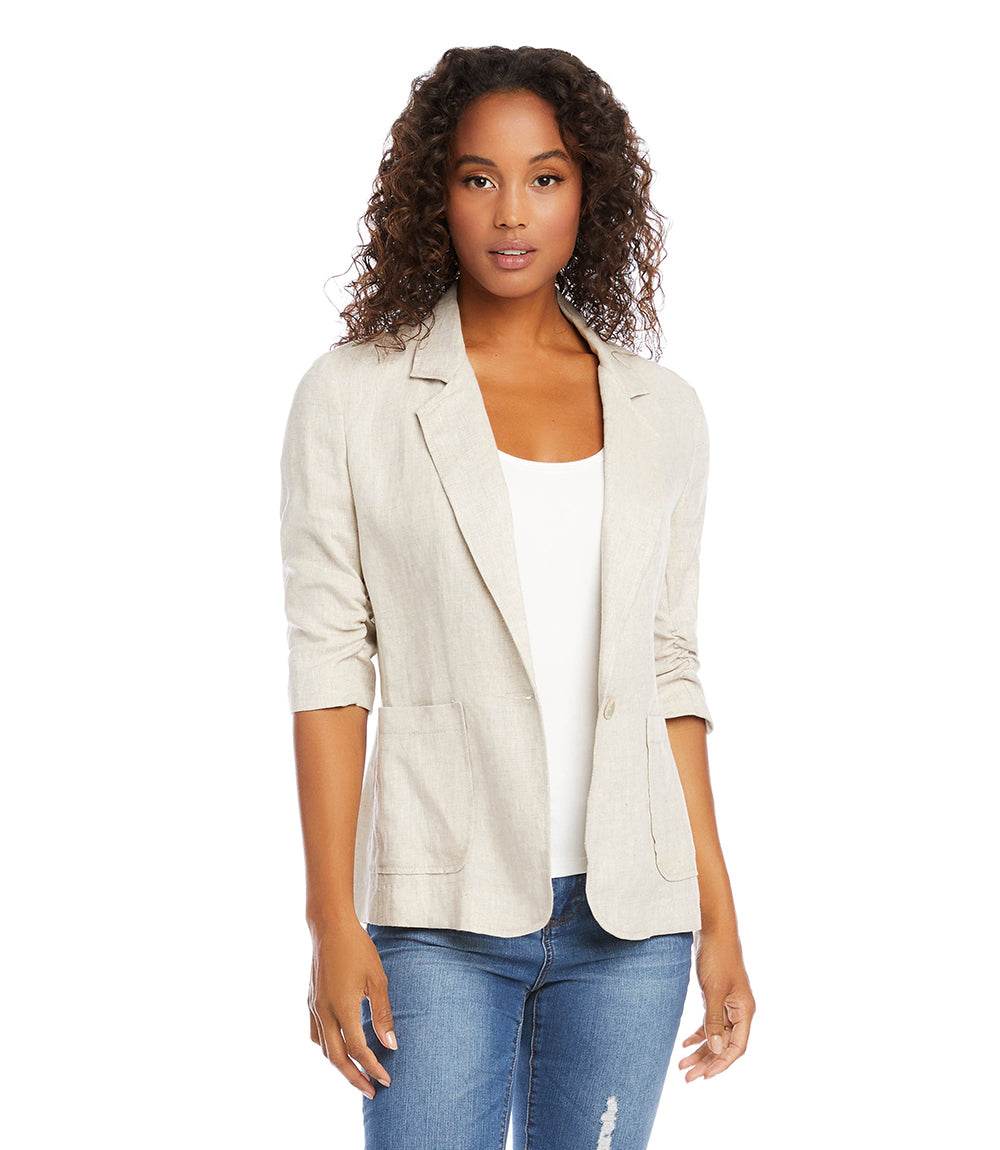 Petite size ruched sleeve oatmeal linen blazer jacket with notch collar and front patch pockets