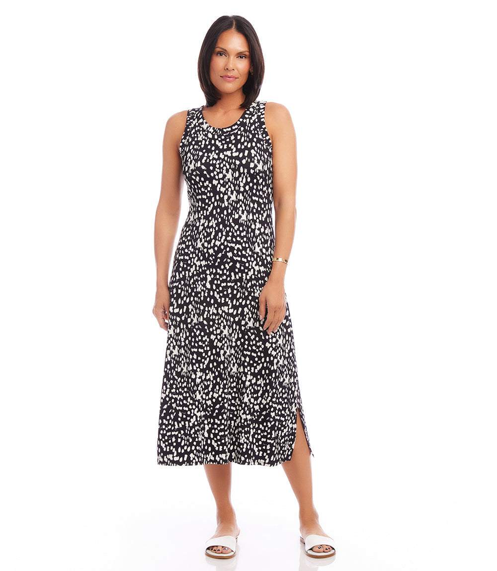 Petite sleeveless midi dress with modern dot print and side slit, fitted silhouette in soft Italian fabric