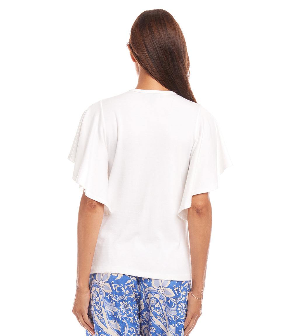 White flutter sleeve top with v-neck made from organic hemp cotton blend shown from the back