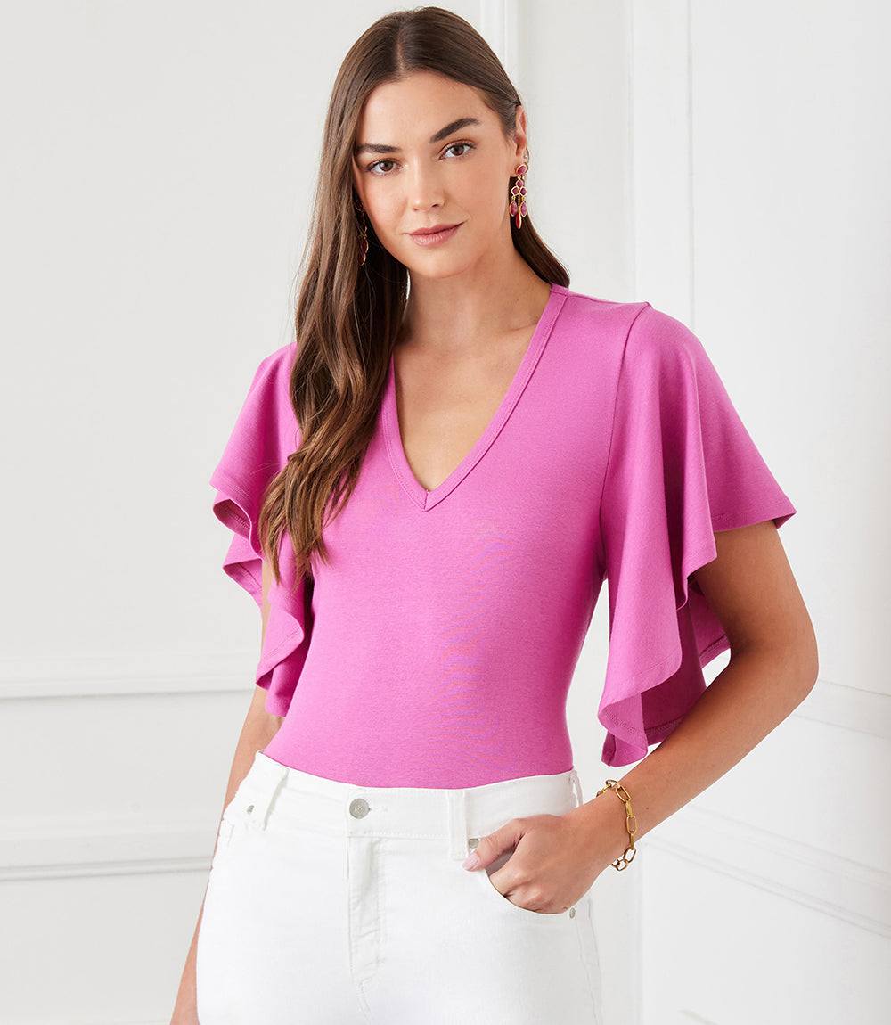 Pink flutter sleeve top with v-neck made from hemp organic cotton blend