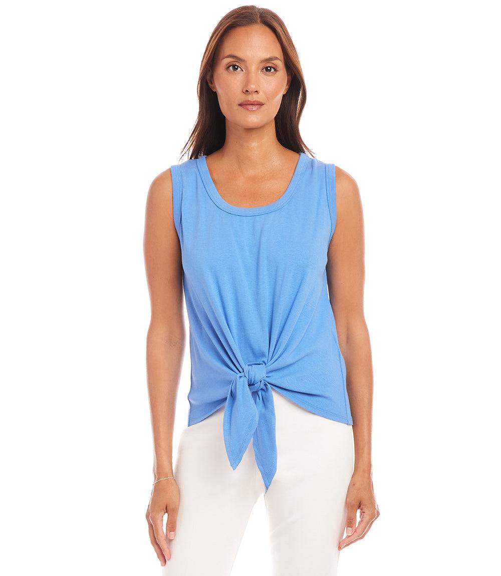 Woman wearing blue tie front tank top with scoop neck and sleeveless design