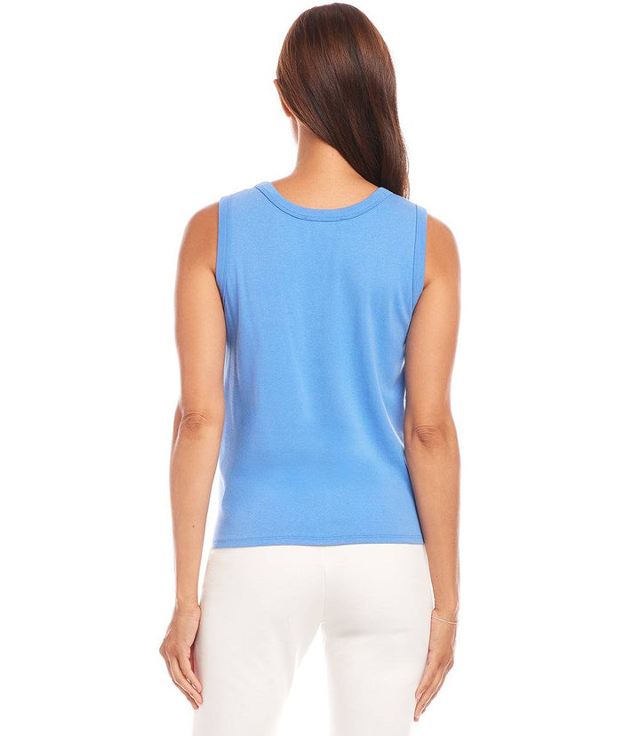 Woman wearing a blue sleeveless tie front tank top made of hemp organic cotton, shown from the back