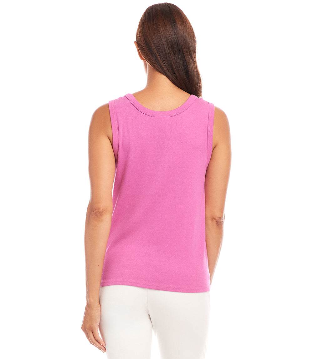 Woman wearing pink organic cotton tie front tank back view