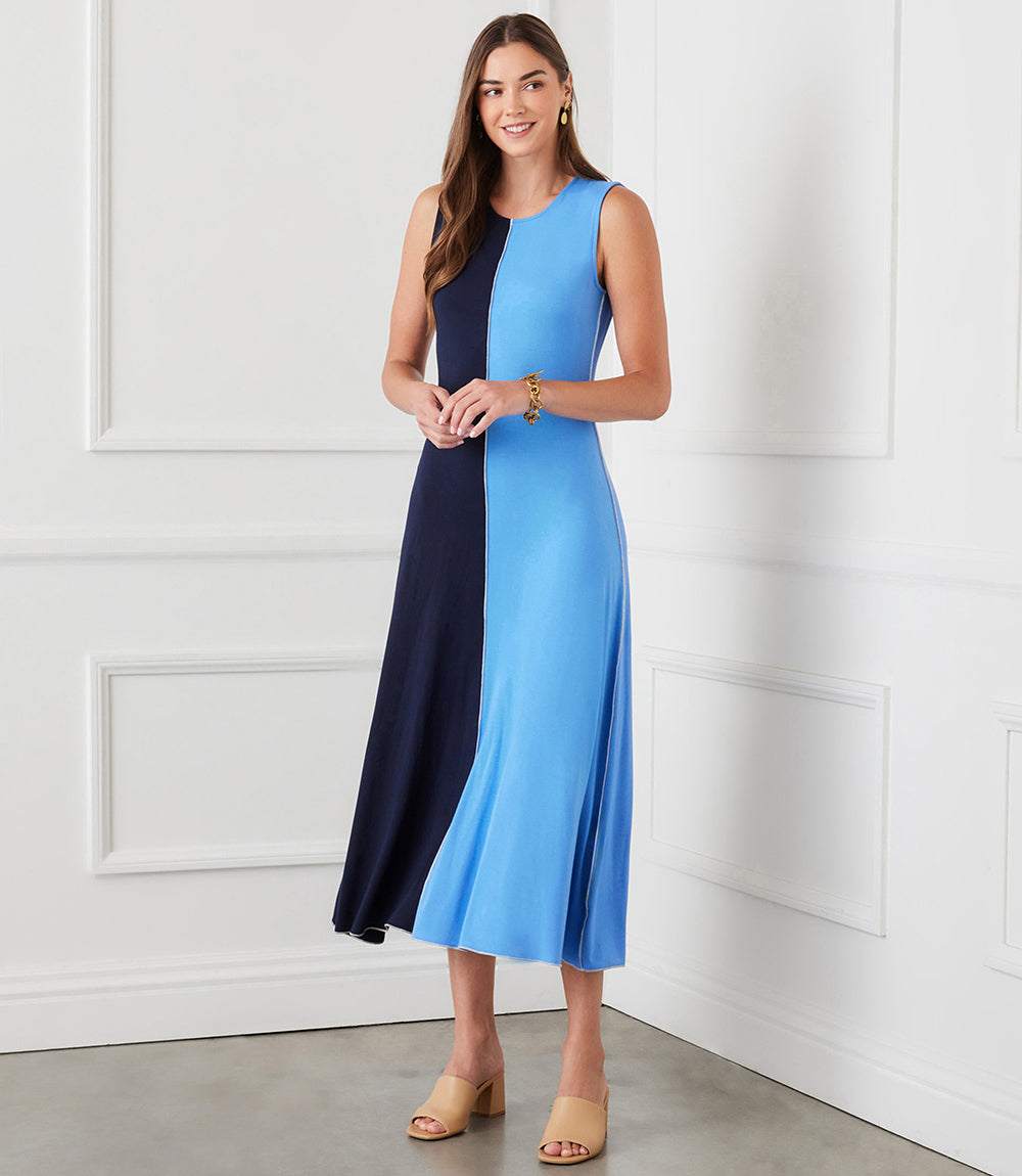 Petite size sleeveless dress with navy and blue colorblock midi length, fitted bust and waist, scoop neck design