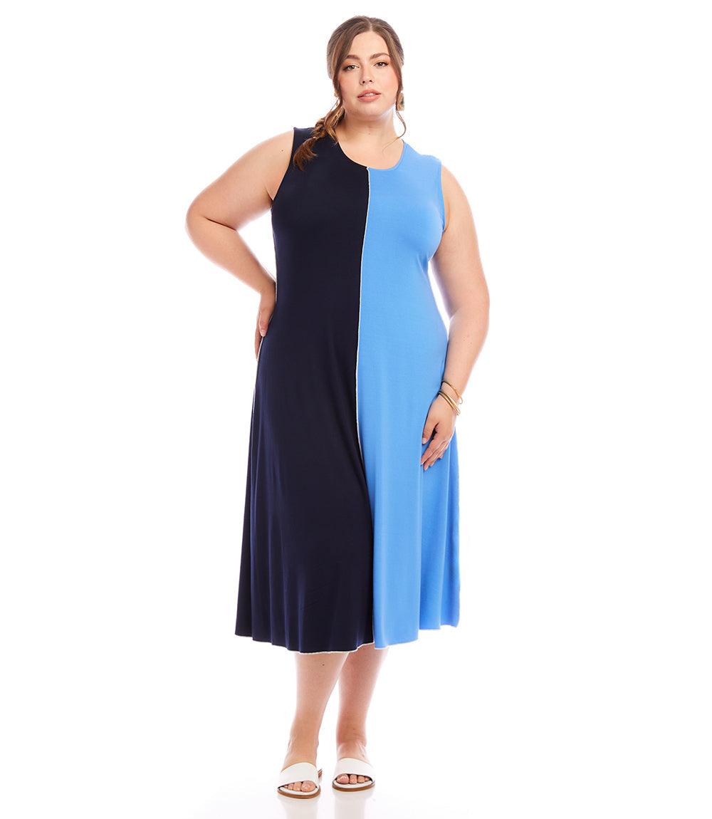Plus size sleeveless colorblock midi dress in navy and blue with scoop neck and fitted waist