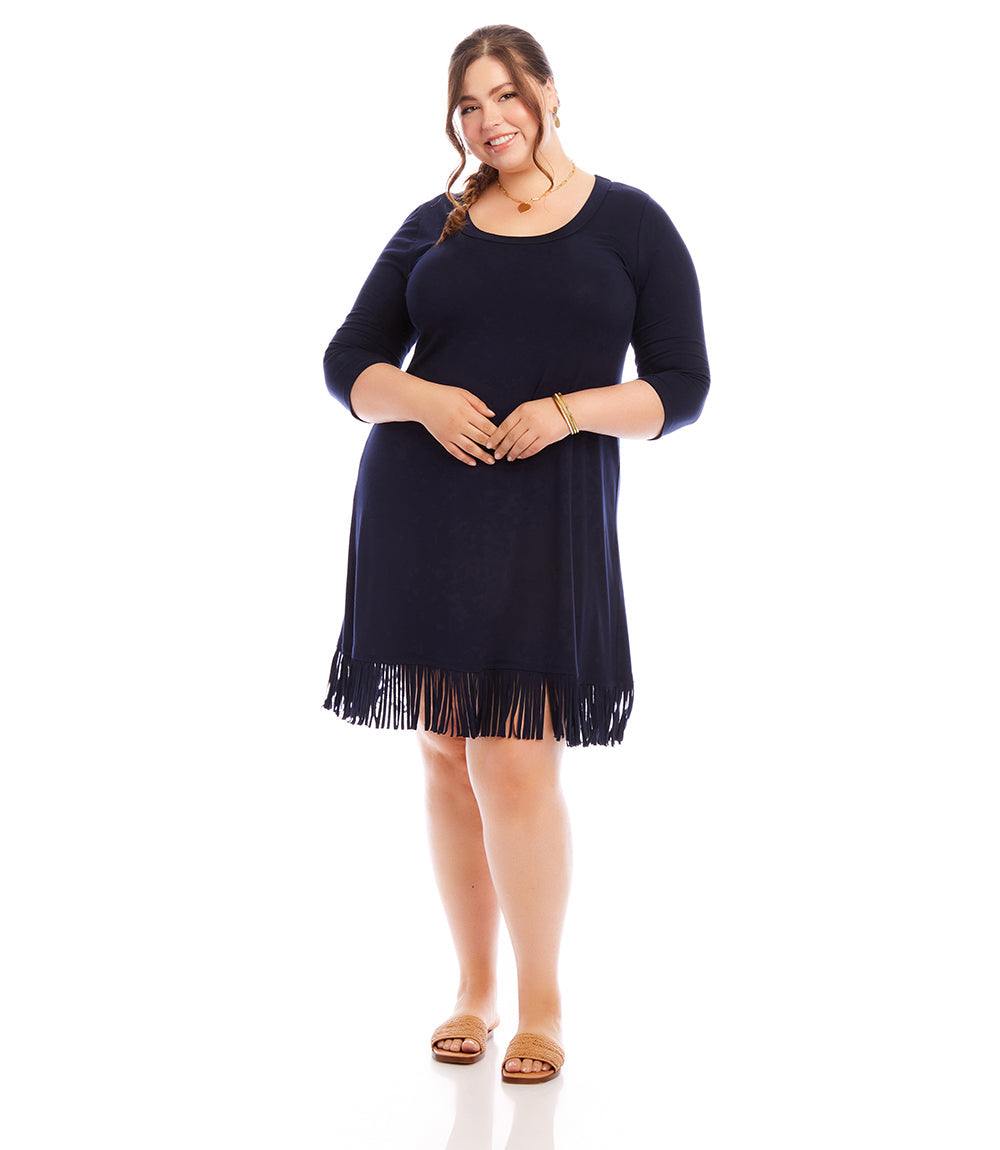 Plus size 3/4 sleeve navy fringe hem dress made of stretchy rayon spandex jersey