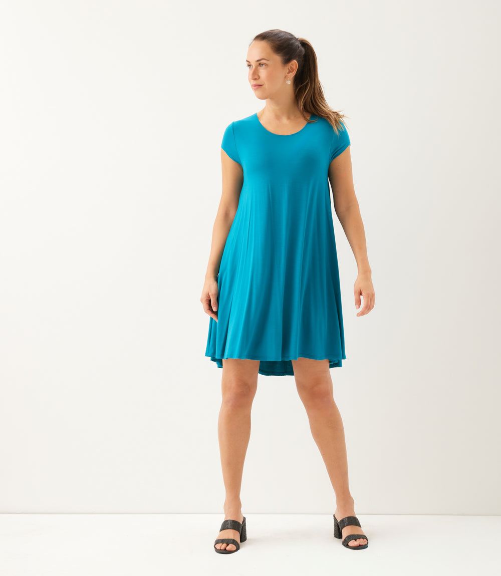 trapeze shirt dress Karen Kane Women's Maggie Trapeze Dress, Small, S, Teal, Rayon/Spandex