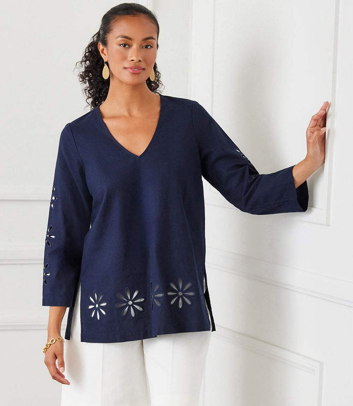 Navy linen blend tunic with cutout embroidered flower details and V-neck collar