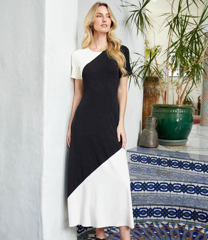 Short Sleeve Contrast Midi Dress