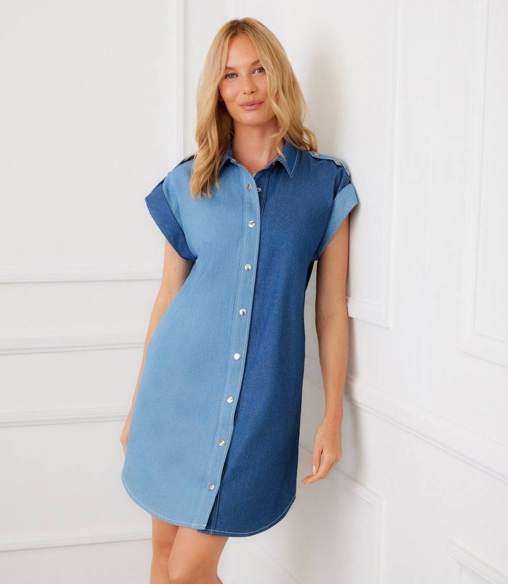 Karen Kane Women's Cap Sleeve Denim Shirtdress, Medium Karen Kane Women's Cap Sleeve Denim Shirtdress, Medium