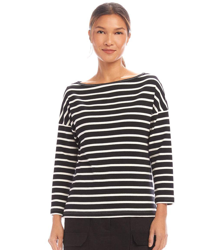 Stripe 3/4 Sleeve Boatneck Top