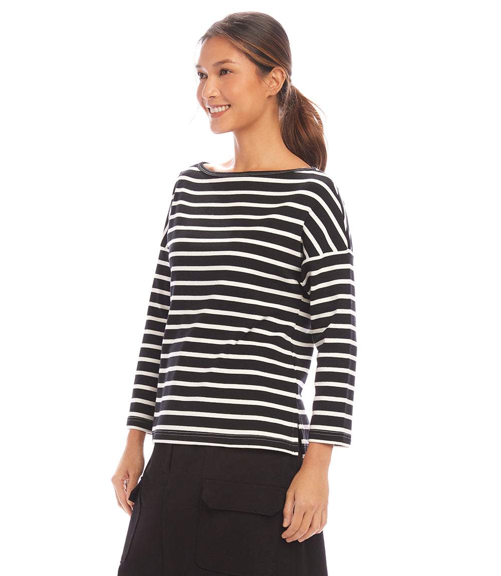 Stripe 3/4 Sleeve Boatneck Top