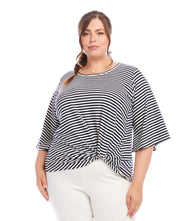 Plus size flare sleeve striped knit top with twist hem and crew neck