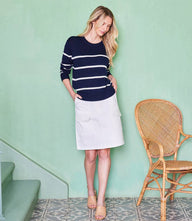 High waist woven twill cargo skirt with A-line silhouette and faux cargo pockets