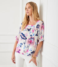 Petite size contrast square neck top with floral pattern and puff sleeves in soft viscose fabric