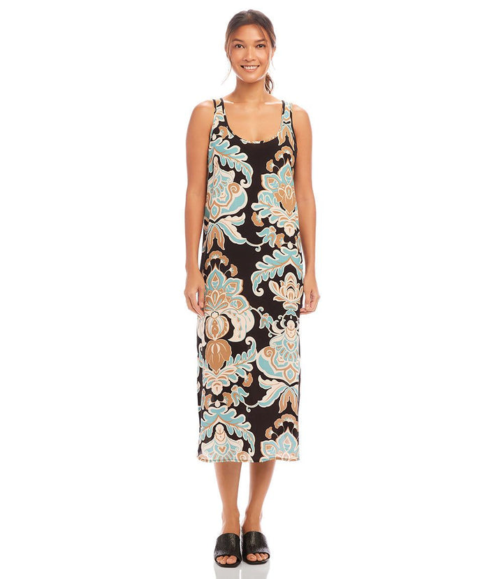 Petite size sleeveless tank dress with side slits and damask flower print in crepe fabric