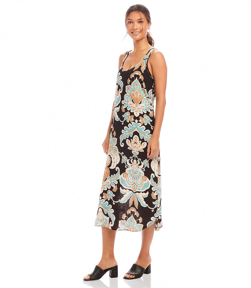 Petite size sleeveless tank dress with damask flower print and side slits in lightweight crepe fabric