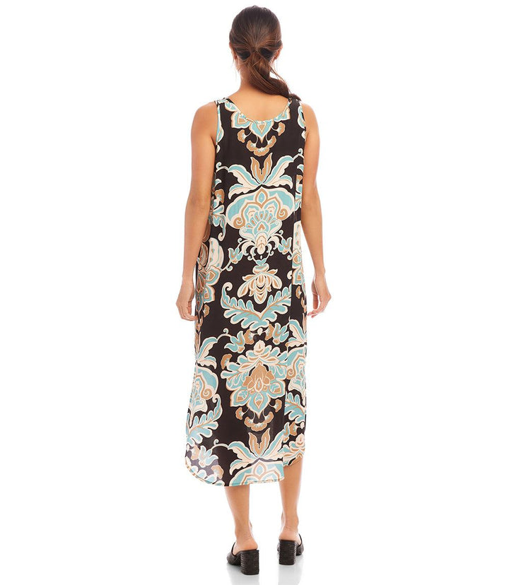 Petite size sleeveless tank dress with damask flower print and side slits, midi length.