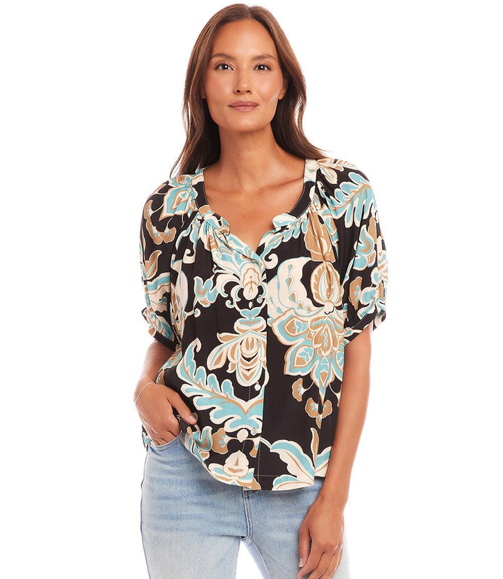 Petite size short sleeve peasant top with blue and brown floral print, button front, puff sleeves, and front tie hem