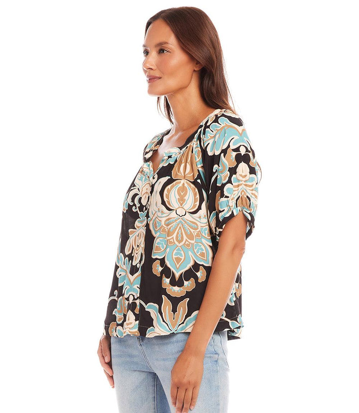 Petite Size Short Sleeve Peasant Button-Front Top