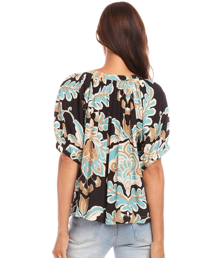 Petite Size Short Sleeve Peasant Button-Front Top