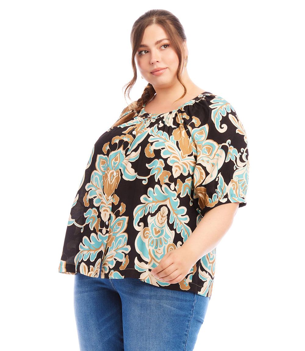 Plus Size Short Sleeve Peasant Button-Front Top