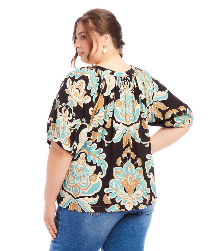 Plus Size Short Sleeve Peasant Button-Front Top