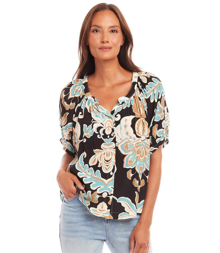 Short Sleeve Peasant Button-Front Top