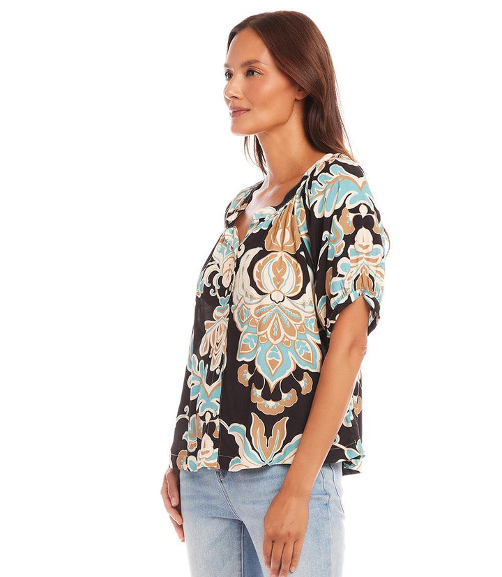 Short Sleeve Peasant Button-Front Top