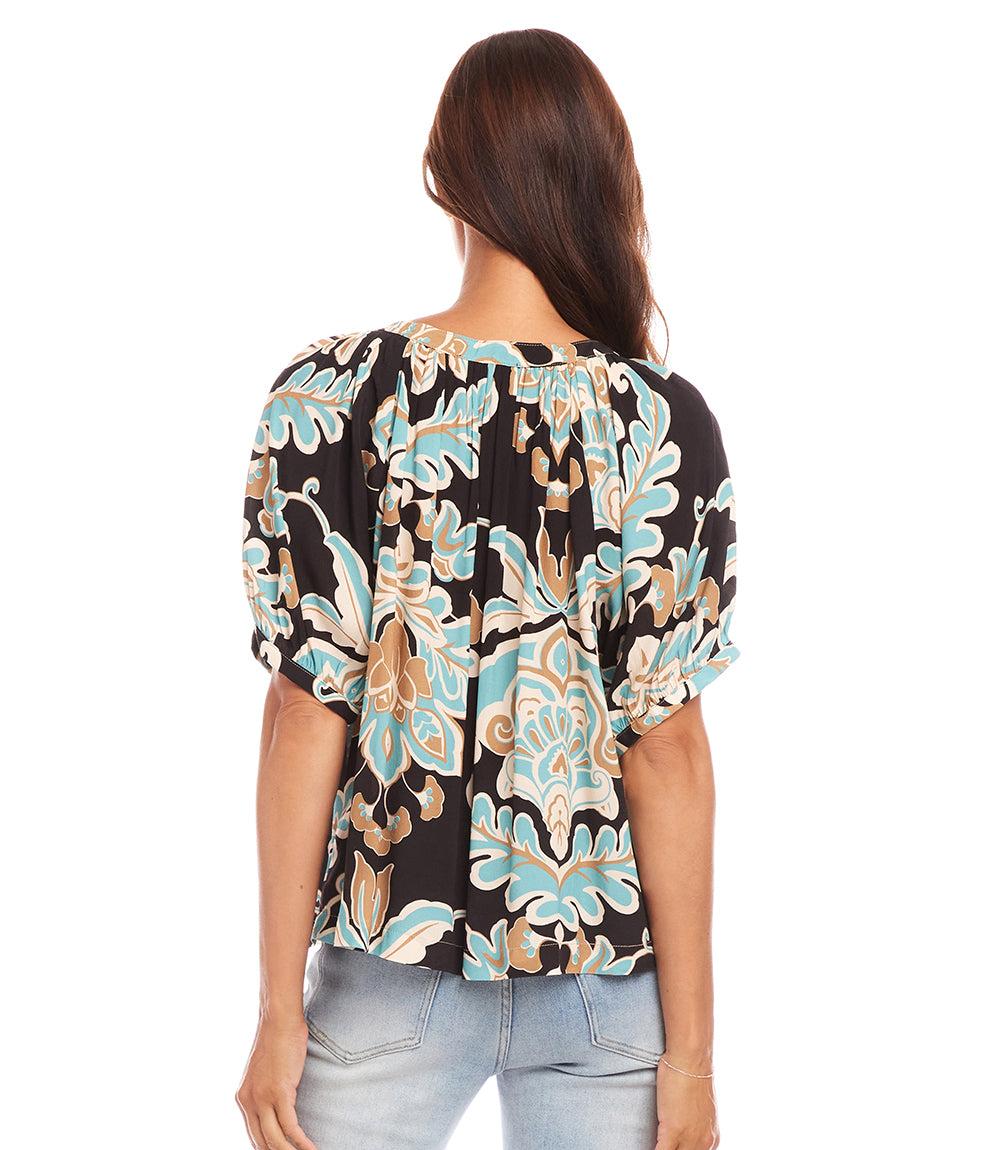 Short Sleeve Peasant Button-Front Top