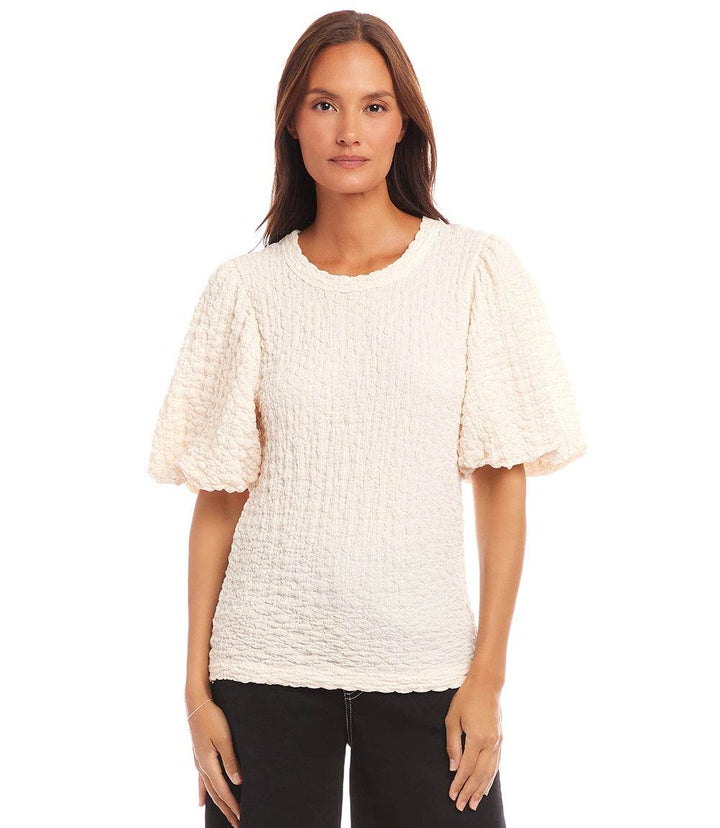Petite size puff sleeve top with bubble texture knit and crew neck in cream color