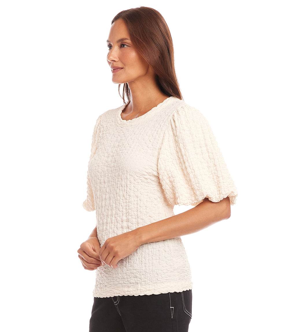 Petite size puff sleeve top with bubble texture and crew neck in off-white