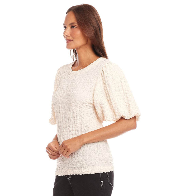 Petite size puff sleeve top with bubble texture and crew neck in off-white